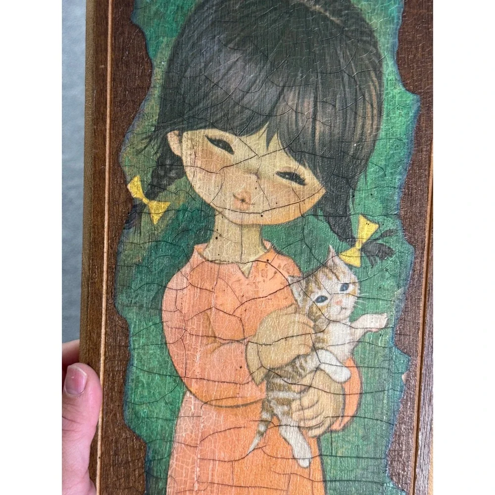 Vintage Big Eye Girl Wood Wall Plaques Set of 2 Londi 1970s Retro Kitsch Decor